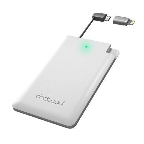 dodocool MFi Certified Ultra Thin 2500mAh Portable Charger Backup External Battery Pack Power Bank with Built-in Micro USB Cable and Lightning Adapter for iPhone 7 Plus/7 and More Smartphones White