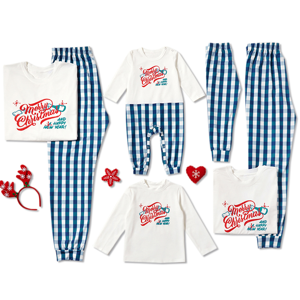 Merry Christmas Long-sleeve Top and Plaid Pants Family Matching Pajamas Set
