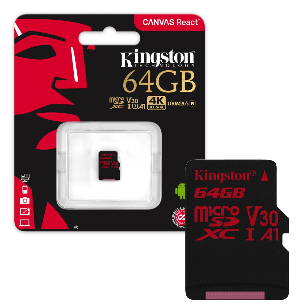 Kingston Canvas React MicroSDXC Memory Card 100MB/s UHS-1 U3 A1 V30 Class 10 - 64GB