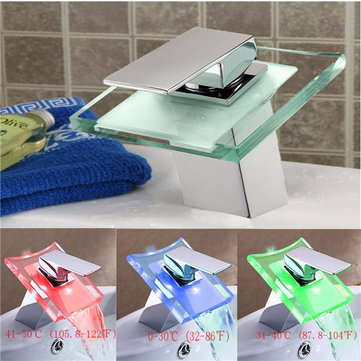 1 Handle LED 3-Color Changing Waterfall Bathroom Basin Glass Faucet Mixer Tap