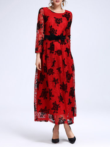 Lace A-line Bow Long Sleeve Floral Elegant Maxi Dress