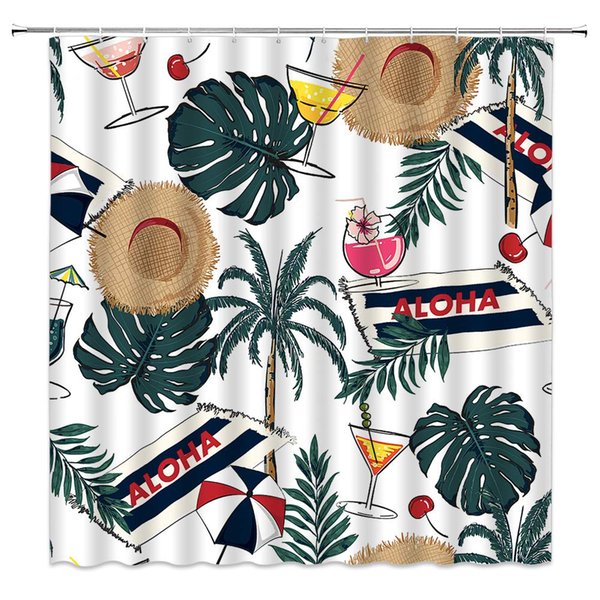 Tropical Holiday Shower Curtain Decor Palm Tree Banana Leaf Juice Drink Straw Hat Umbrella Summer Vacation Green Fabric Bath