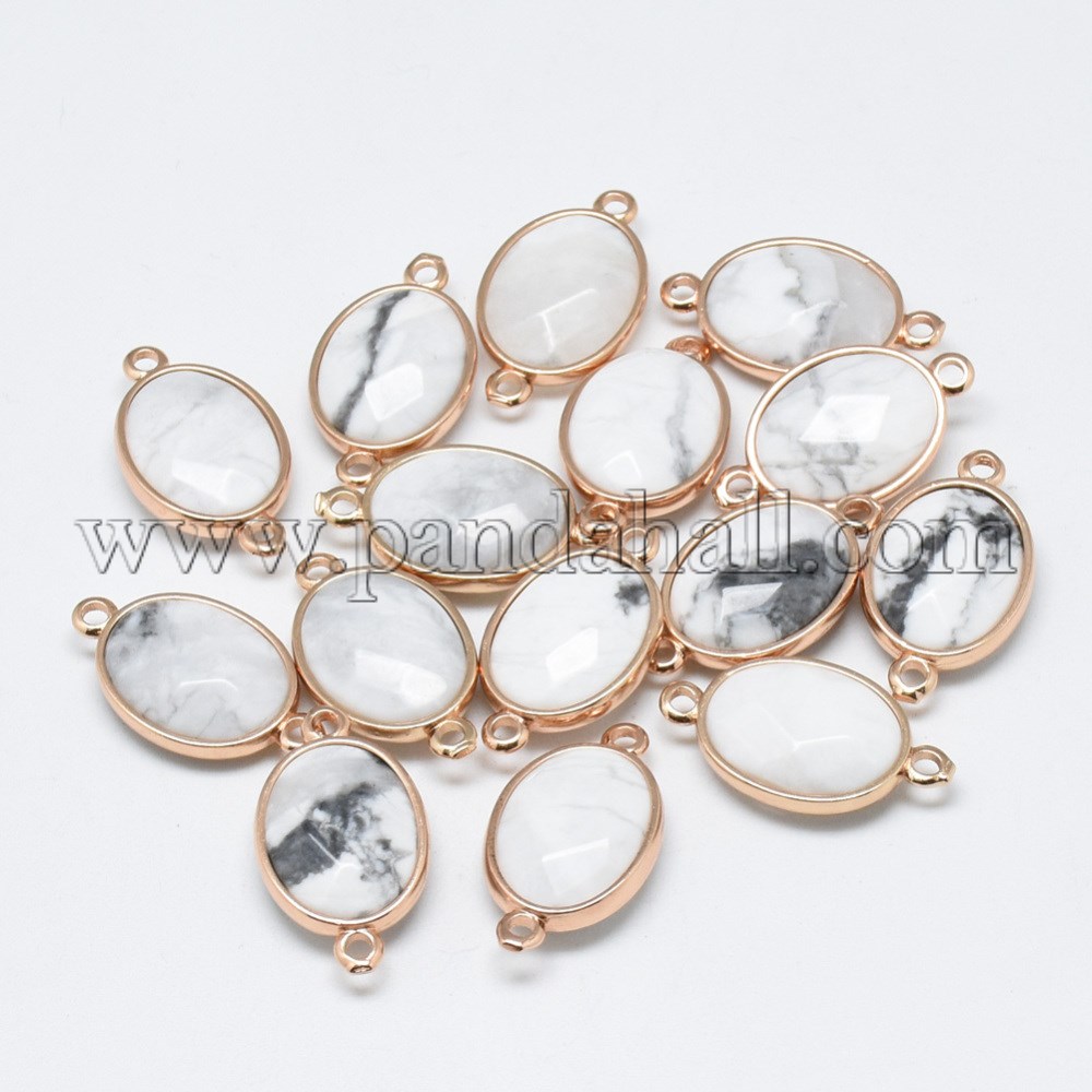 Natural Howlite Links/Connectors, with Golden Tone Brass Findings, Faceted, Oval, 25x14x6~7mm, Hole: 2mm