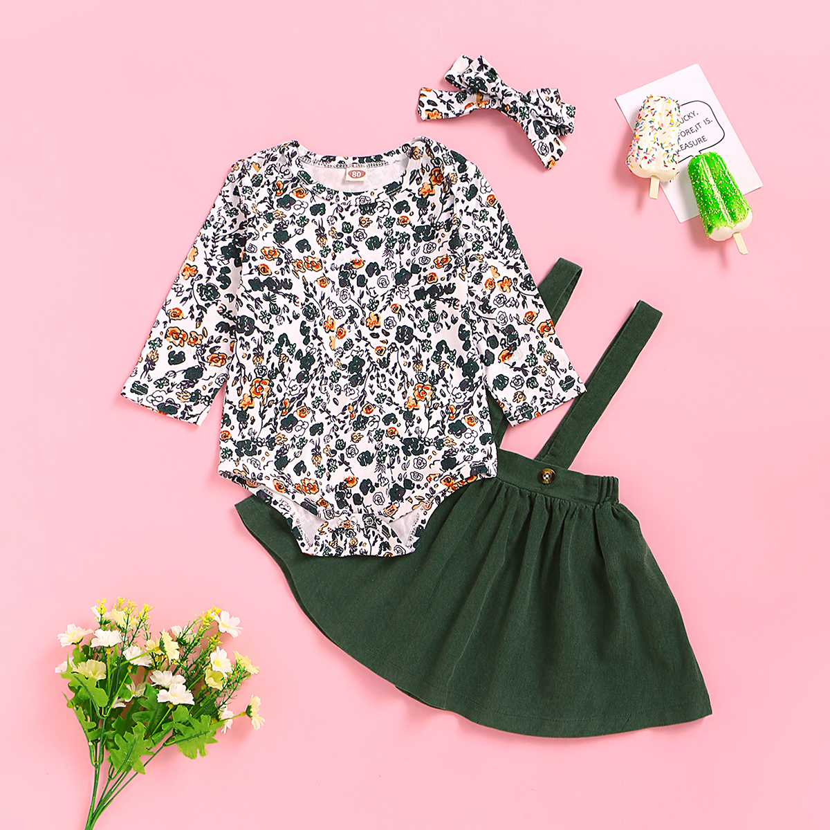 3-piece Baby / Toddler Floral Bodysuit, Suspender Skirt and Headband Set