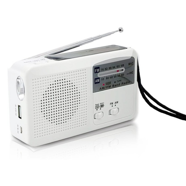 emergency radio with solar and hand crank self powered, battery usb recharging fm/am radio led phone charger