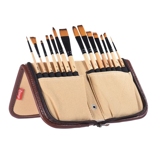 14pcs/pack Nylon Hair Brush for Oil Acrylic Watercolor Painting w/ Handy Canvas Carrying Case Art Gift