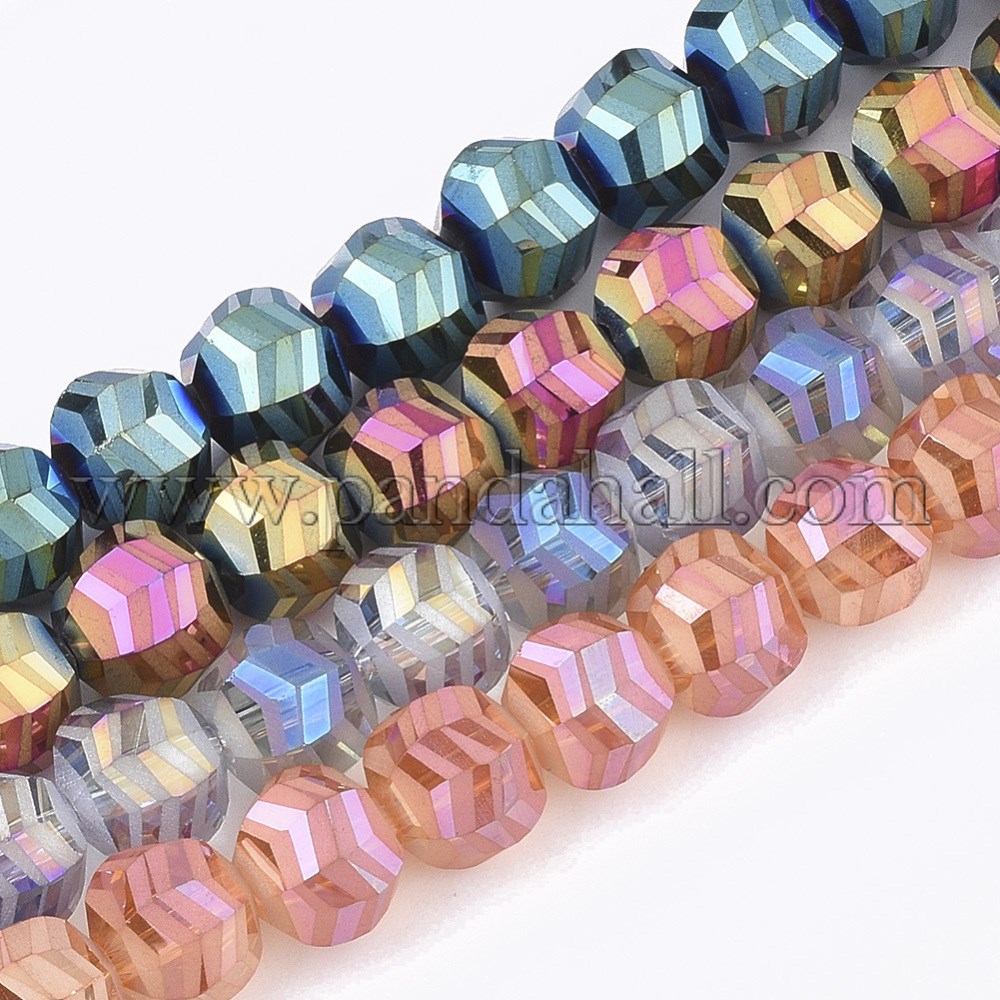Electroplate Glass Beads Strands, Frosted, Faceted, Round, Mixed Color, 9x10x8.5mm, Hole: 1.5mm; about 70pcs/strand, 24.4