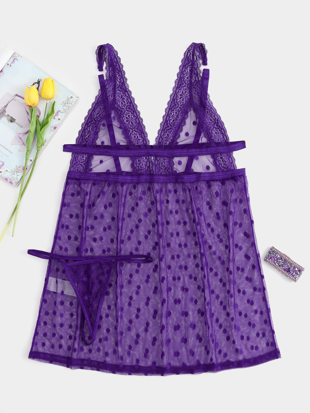Plus Size Purple Lace Trim Polka Dot Babydoll With Thong