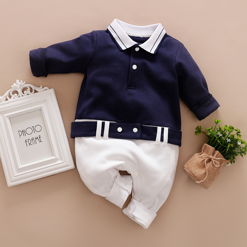 Baby Boy Gentleman Style Polo Collar Long-sleeve Jumpsuit