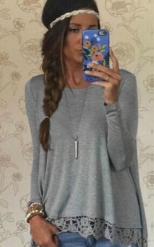 Chic Women Casual Round Neck Long Sleeve Crochet Lace Irregular Hem T-Shirt