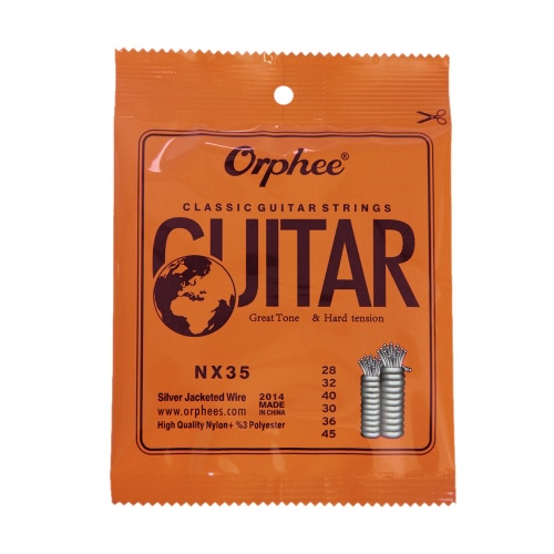 Orphee NX35 Nylon Classical Guitar Strings Full Set de remplacement (de 0,028 à 0,045) Nylon de base Argent Jacketed Fil Hard Tension