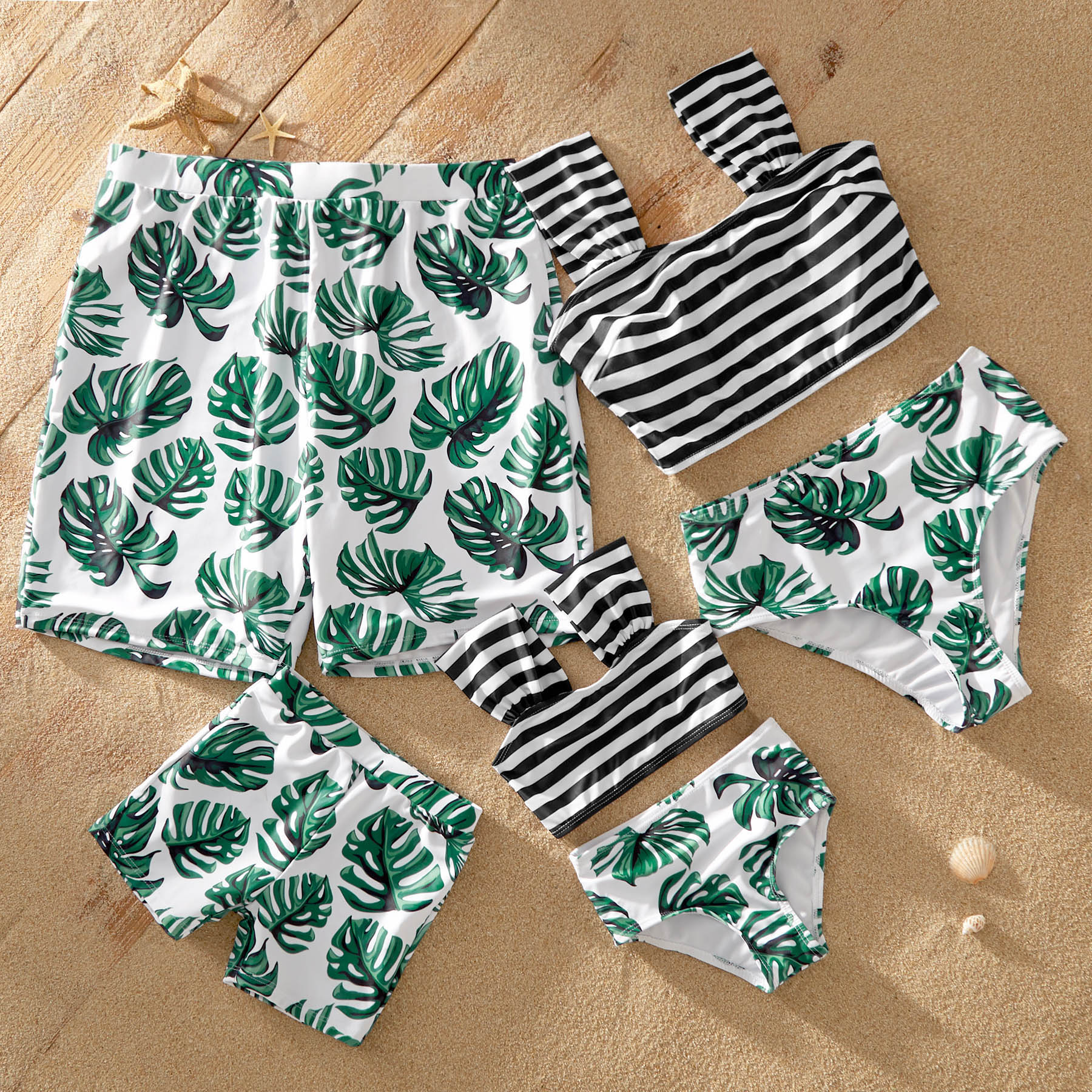 Wrinkled Shoulder Strap Palm Leaf Print Matching Family Swimsuits