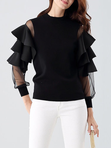 Statement Knitted Frill Sleeve Crew Neck Plain Sweater
