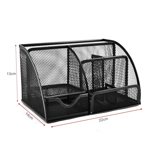 7 Storage Compartments Multi-functional Mesh Desk Organizer Pen Holder Stationery Storage Container Box Collection Office School Supplies Caddy for Business Card Pen Pencil Note Stapler Scissors Mobile Phone Metal Black