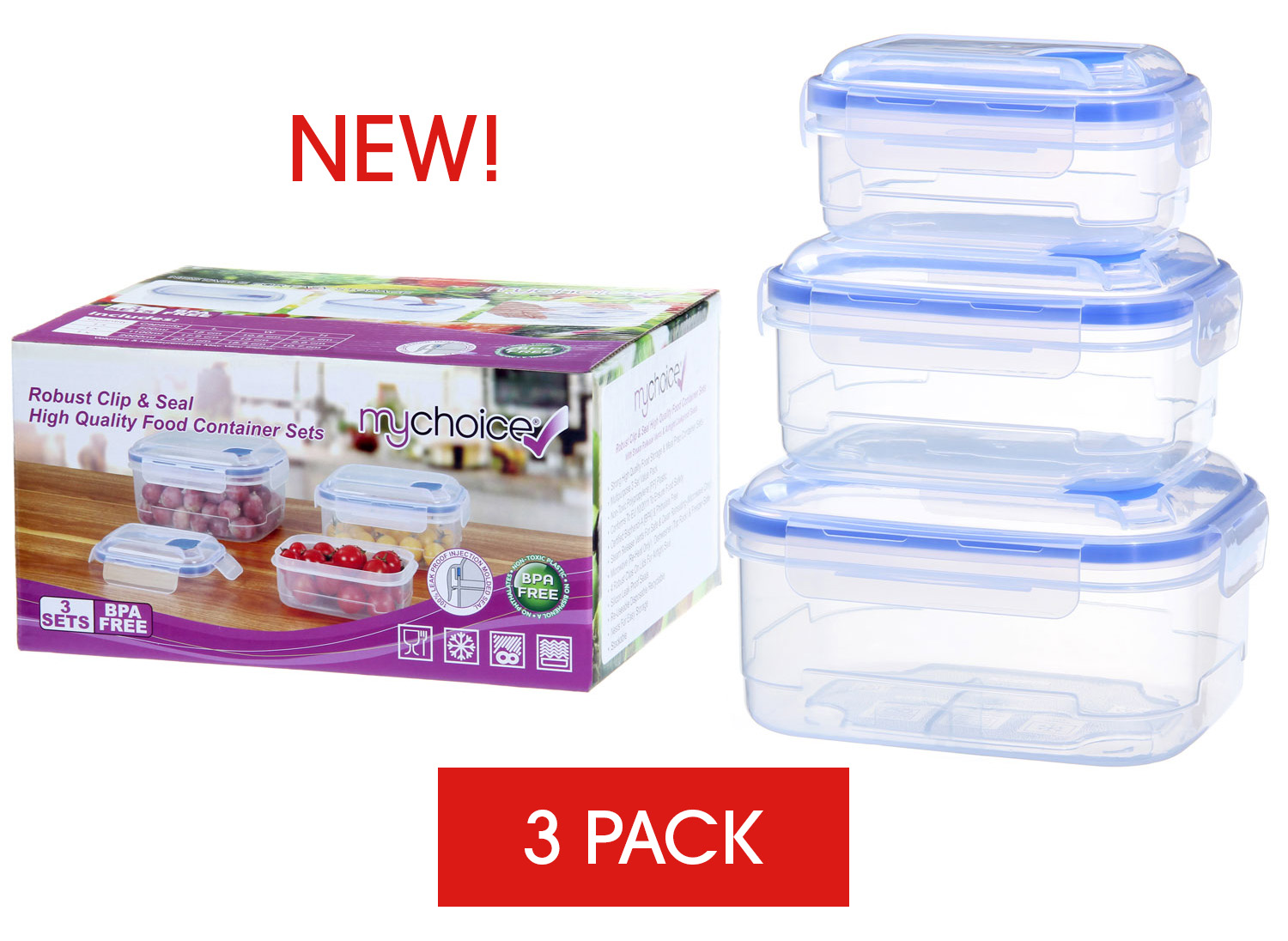 MyChoice Clip And Seal Strong High-Quality Food Storage And Meal Prep Containers - 3 Sets