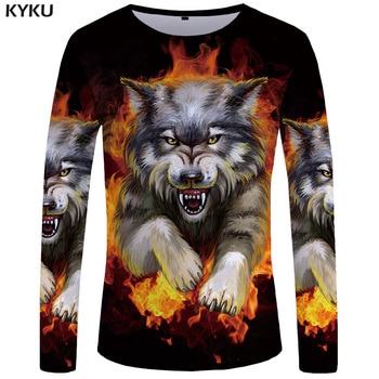KYKU Wolf Long sleeve T shirt Flame Tops  Tees  Tshirt  3d T-shirt  Clothing Men Fashion Punk Male New