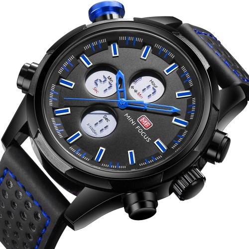MINI FOCUS Fashion Genuine Leather Men Sport Watch Dual Display 3ATM Water-resistant Digital Luminous Wristwatch Man Relogio Musculino Chronograph