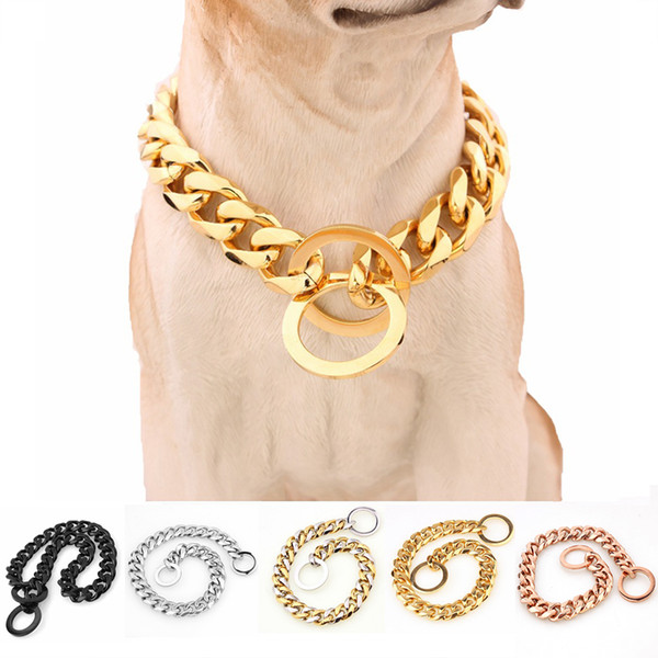 15mm Solid Dog Chain Collar Stainless Steel Necklace Dogs Collar Training Metal Strong P Chain Choker Pet Collars for Pitbulls 1020