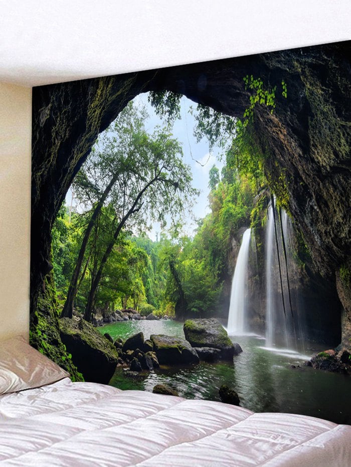 Deep Forest Waterfall Scenery Printed Wall Art  Tapestry