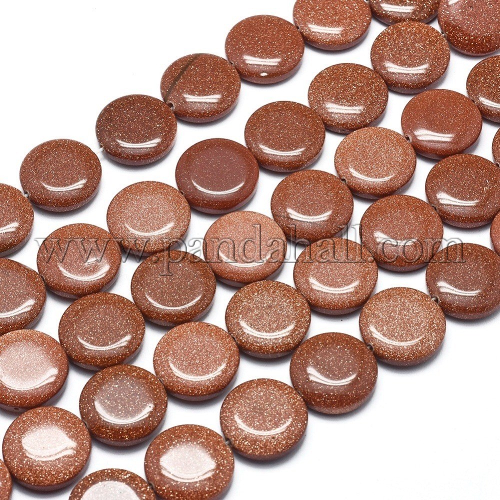 Synthetic Goldstone Beads Strands, Flat Round, 18x5mm, Hole: 1mm; about 22pcs/strand, 15.3''(39cm)