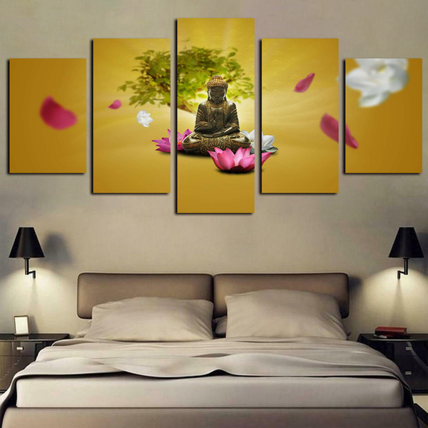 5 panels canvas wall art buddha poster pink and white lotus flower tree paintings giclee prints and posters on canvas oil paintngs artwork