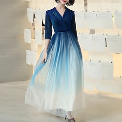 A-Line Minimalist Gradient Prom Formal Evening Dress V Neck Half Sleeve Floor Length Tulle with Sash / Ribbon Pleats 2022 Lightinthebox