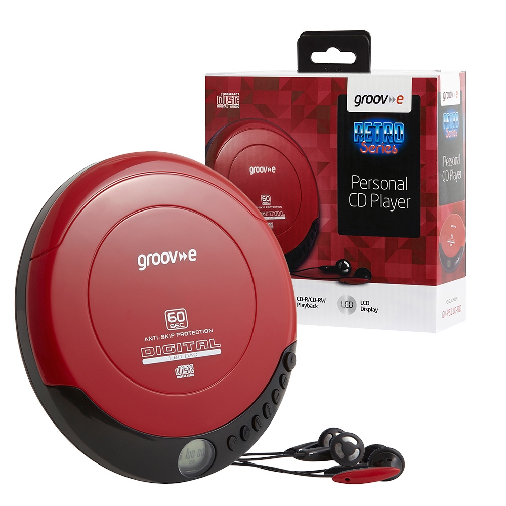Groov-e Retro Series Personal Portable CD Player with Earphones - Model GVPS110/RD