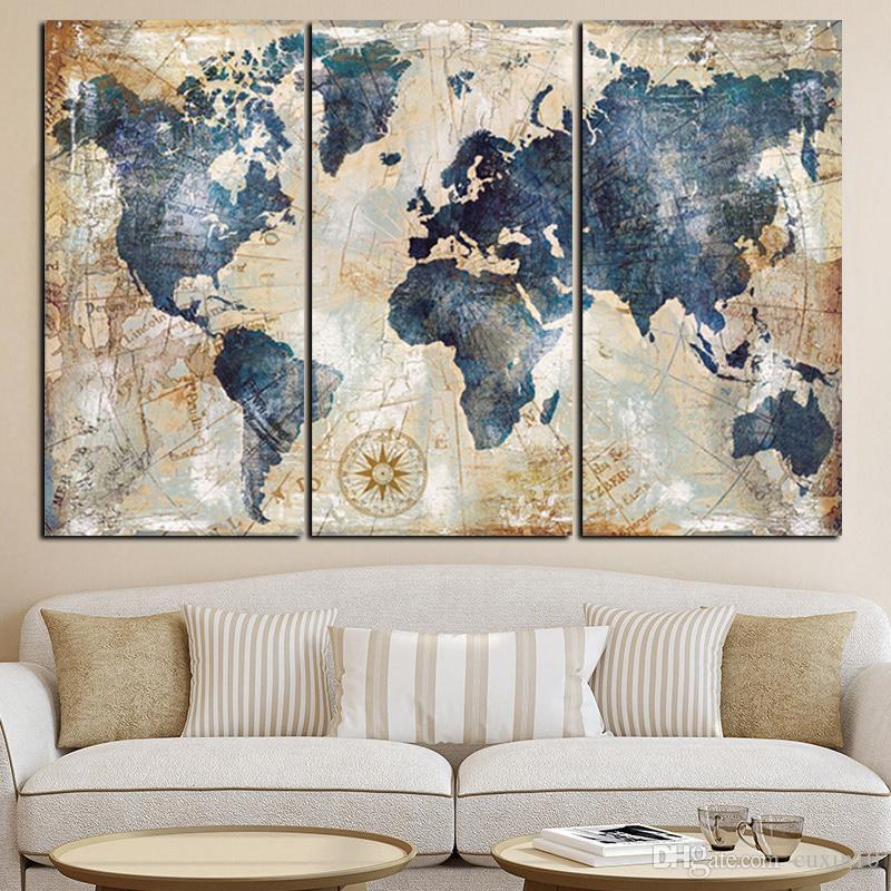 3Panel Watercolor World Map Painting HD Print on Canvas Landscape Modular Wall Painting Sofa Cuadros Art Picture For Living Room