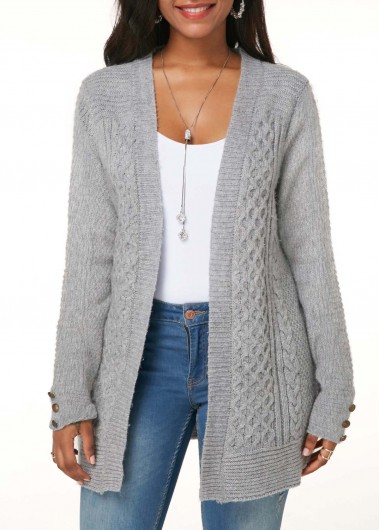 Button Detail Light Grey Cable Knit Cardigan