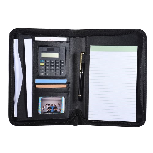 Portable Professional Business Portfolio Padfolio Folder Document Case Organizer A5 PU Leather Zippered Closure with Calculator Card Holder Memo Note Writing Pad