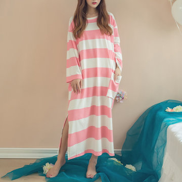Casual Stripe Cotton Long Sleeve Nightgown Loose Sleepwear Loungewear  For Women