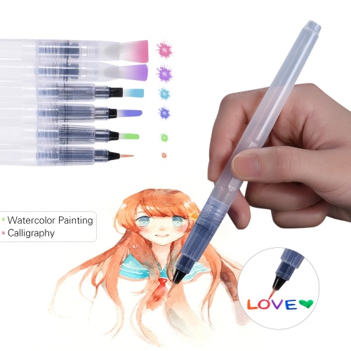 6pcs/Pack Watercolor Brush Pen Kit Set Water Storage Nylon Hair Flat Round Tip for Solid Color Pigment Painting Drawing Calligraphy Artist