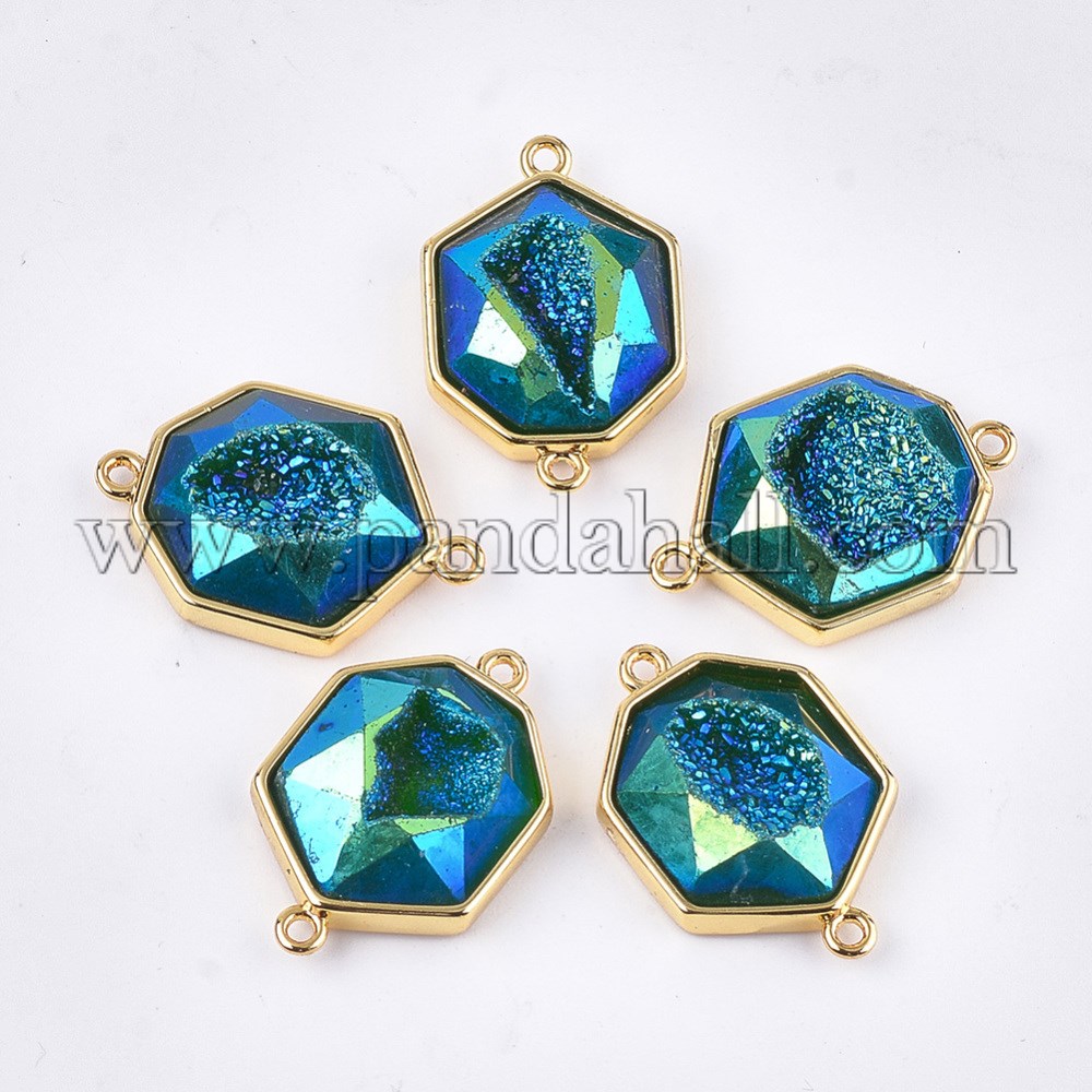 Electroplate Synthetic Druzy Agate Links, with Brass Findings, Heptagon, Golden, MediumSeaGreen, 27x18x7~8mm, Hole: 1.6mm