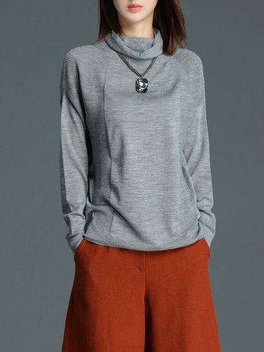 Gray Wool H-line Casual Turtleneck Sweater