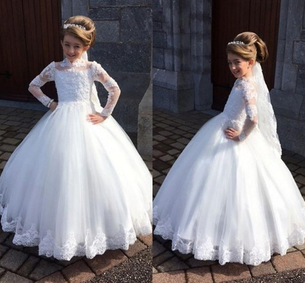 wholesale holy white ball gown kids' party wear long sleeve high collar lace girls halloween gowns christmas dresses 2020