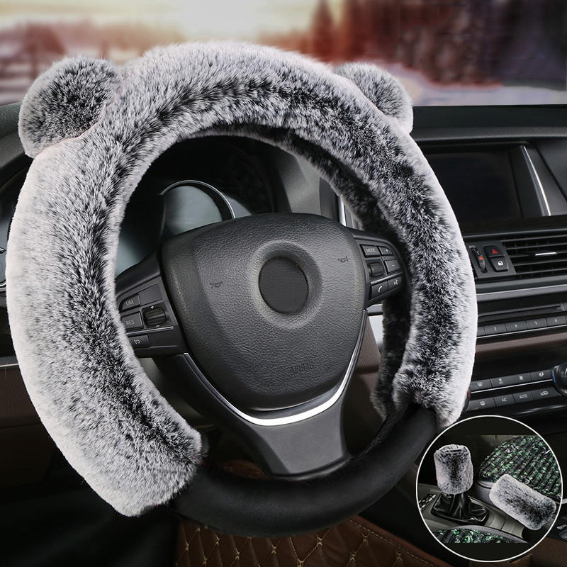 3Pcs 37-38cm Long Wool Plush Car Steering Wheel Covers Winter Warm Cushion Universal
