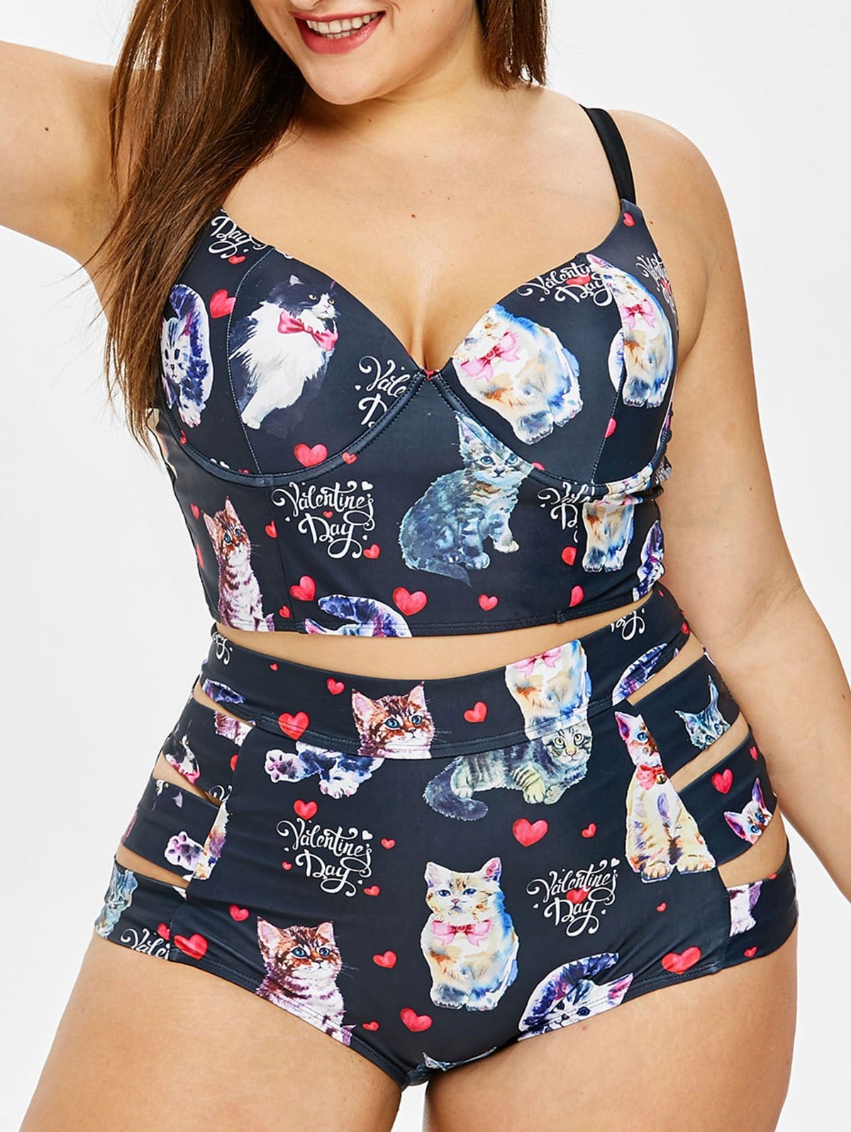 Cat Print Plus Size Valentine Bikini Set