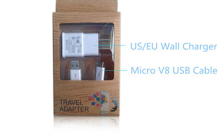 2 in 1 Kit US EU Wall Adapter Home Charger+Micro V8 USB Cable+retail package for Samsung Galaxy S3 S4 Note 2 HTC LG DHL Free Shipping