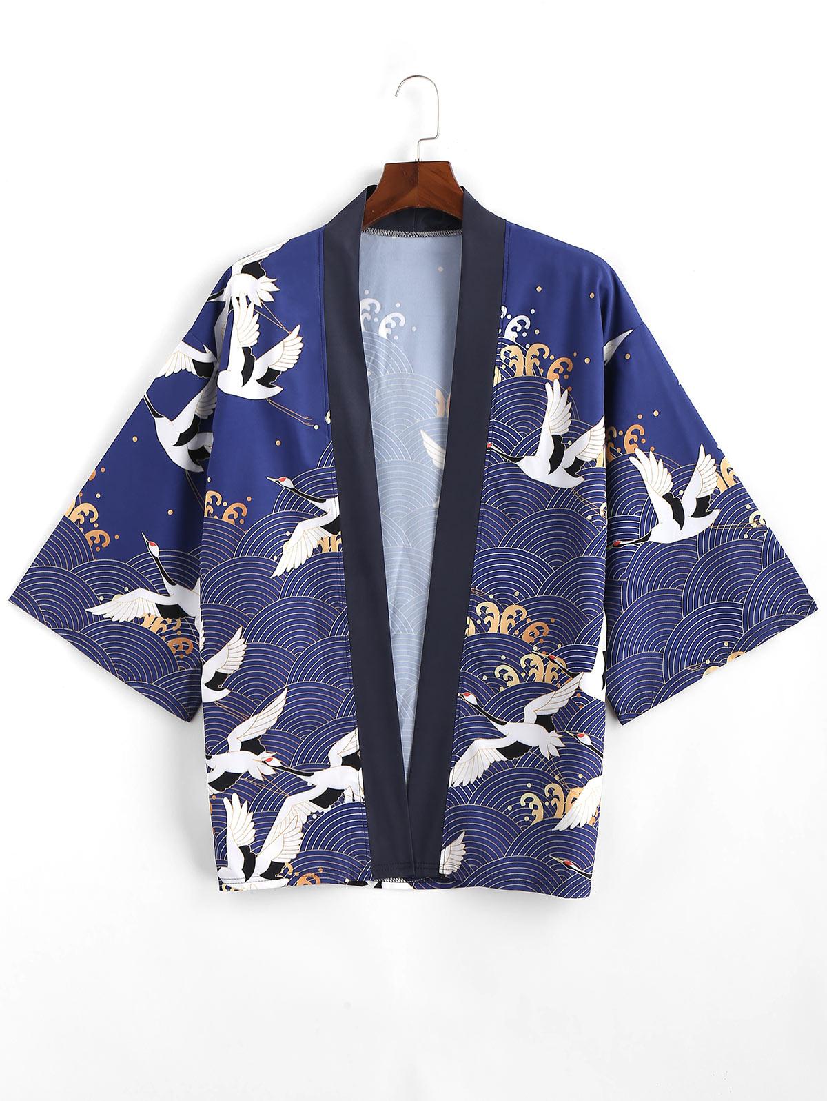 Flying Crane Sea Waves Print Open Front Kimono Cardigan 3xl Lapis blue
