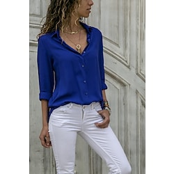 Women's Blouse Shirt Plain Solid Colored V Neck Basic Tops Loose Green Blue White Lightinthebox