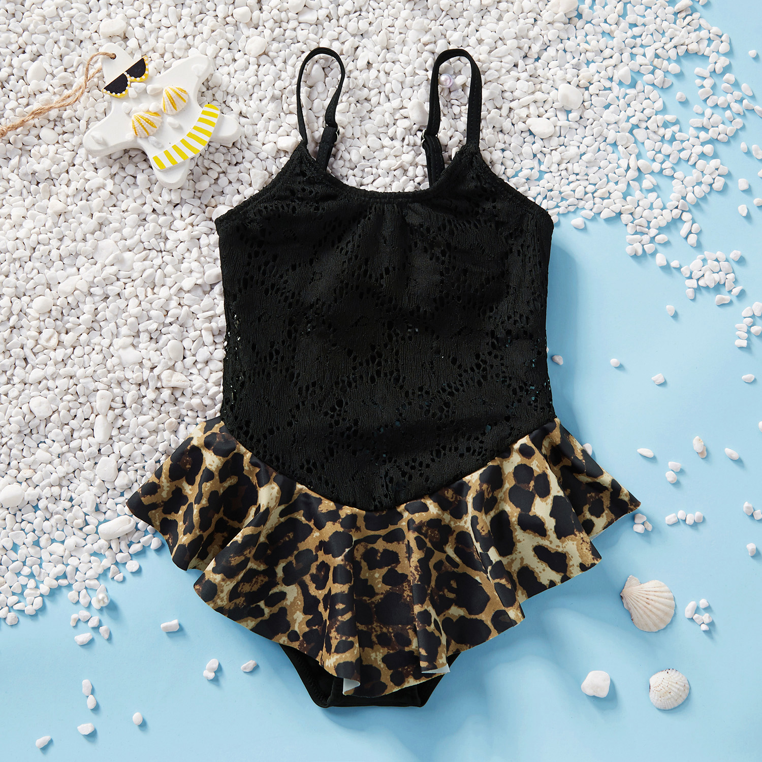 Baby / Toddler Girl Stylish Leopard Print Hollow Out Lace Splice One-piece Swimsuit
