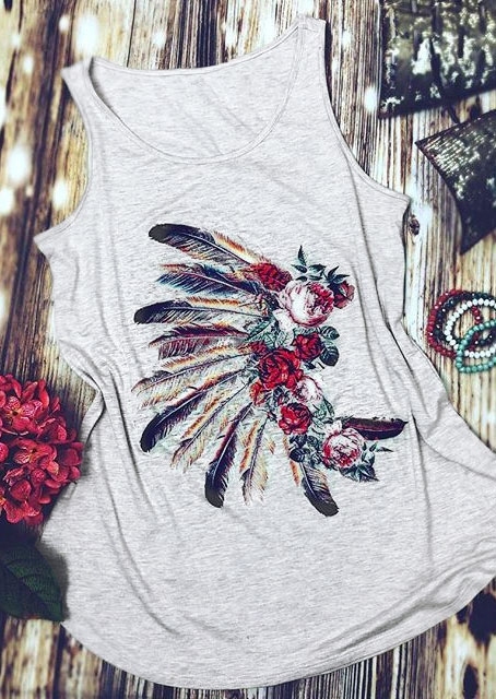 Floral Feather O-Neck Tank