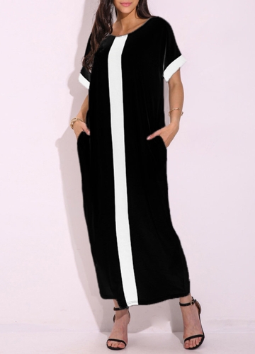 Fashion Women Plus Size Contrast Panel T-Shirt Dress O Neck Short Sleeve Casual Loose Maxi Dress