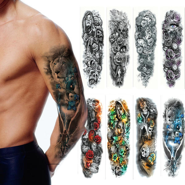 temporary tattoo stickers for men tattoo sleeve body arm flash waterproof transfer stickers skull flower metallic tattoos