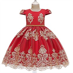 Niños Chica Estilo lindo Un Color Encaje Lazo Manga Corta Maxi Vestido Rojo