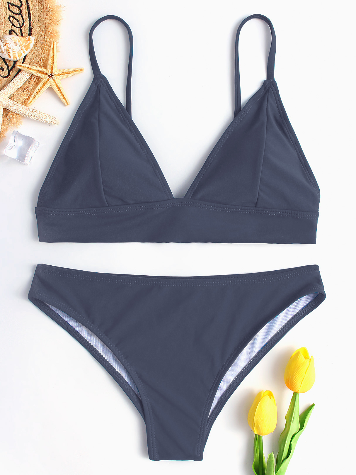 Grey Plain Spgahetti Bikini Set