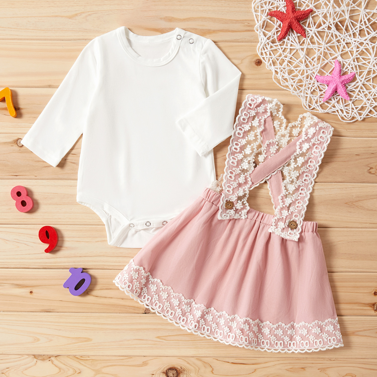 2-piece Baby Girl Solid Top and Lace Design Strappy Skirt Set