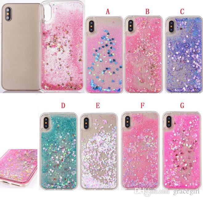 Quicksand Liquid PC TPU Case For IPhone X IphoneX Star Heart Love Diamond Dynamic Bling Glitter Sparlke Fashion Phone Skin Cover 100pcs
