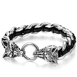jewlerywe stainless steel mens wolf head curb chain bracelet interwoven with black genuine braided leather Lightinthebox