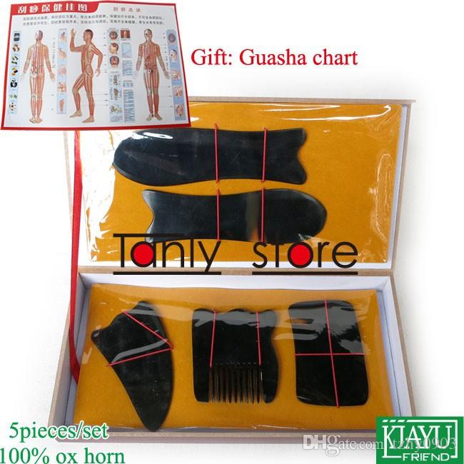 Gift Guasha chart! Wholesale & Retail Traditional Acupuncture Massage hard box Gua Sha kit 5pcs/set 100% ox horn